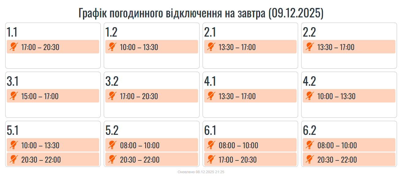 Графік погодинних відключень світла